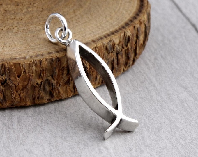 Christian Fish Charm, 925 Sterling Silver Ichthys Pendant, Jesus Ichthus Fish Jewelry, Religious Charm, Prayer and Faith Jewelry