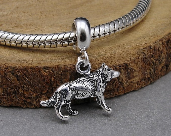 Sterling Silver Wolf Dangle Charm, 3D Wolf European Charm, Siberian Husky Pendant, Bracelet Charm, Large Hole Bead