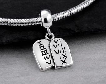 925 Sterling Silver Ten Commandments Dangle Charm, 10 Commandments European Pendant with Bail, Christian Faith Charm, Religion Jewelry