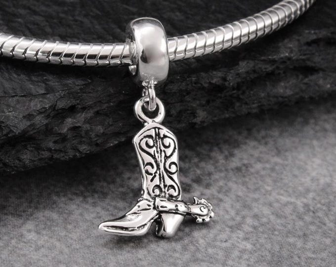 Sterling Silver Cowboy Boot Charm for European Bracelet, Western Boot Dangle Bead, Cowboy Boot Pendant with Bail