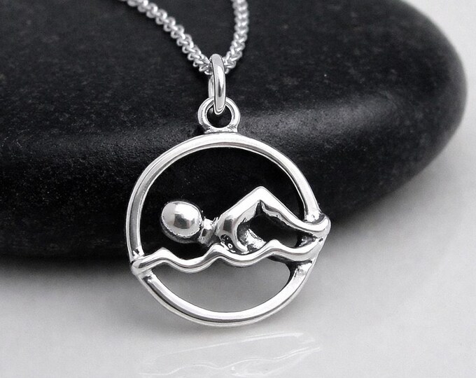 Swimmer Necklace, 925 Sterling Silver Swimming Charm, Swim Pendant, Swimmer Gift Jewelry
