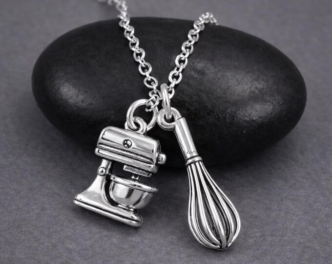 Baking Necklace, Silver Mixer and Whisk Charms on a Silver Cable Chain, Baking Cooking Charms, Gift for Baker
