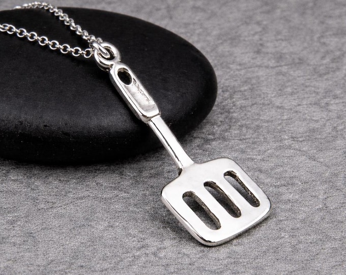 Pancake Turner Necklace, Sterling Silver Spatula Charm, 925 Slotted Turner Pendant, Kitchen Cooking Gift