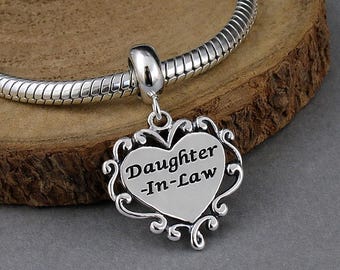Daughter in Law European Charm, Sterling Silver Daughter-in-Law Dangle Charm, Daughter Charm on Bail, Snake Bracelet Charm, Large Hole Bead