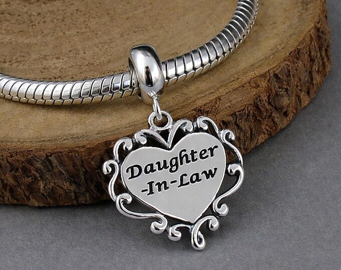 Daughter in Law European Charm, Sterling Silver Daughter-in-Law Dangle Charm, Daughter Charm on Bail, Snake Bracelet Charm, Large Hole Bead