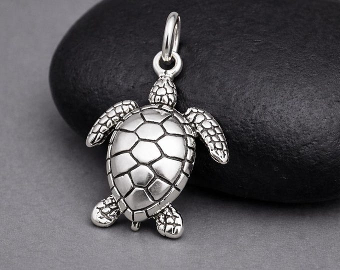 Sea Turtle Charm, 925 Sterling Silver Tortoise Pendant for Necklace or Bracelet, Ocean Life Jewelry, Nautical Beach Gift