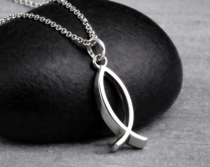 Sterling Silver Christian Fish Necklace, Ichthys Fish Charm, Ichthus Pendant, Fish Symbol Necklace, Faith and Religion Jewelry