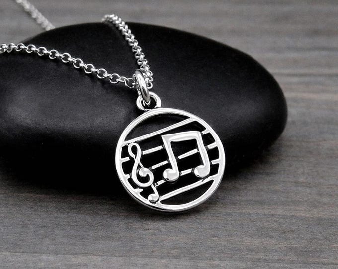 Sterling Silver Music Notes Charm Necklace, Treble Clef Pendant, Musical Gift for Teacher or Student