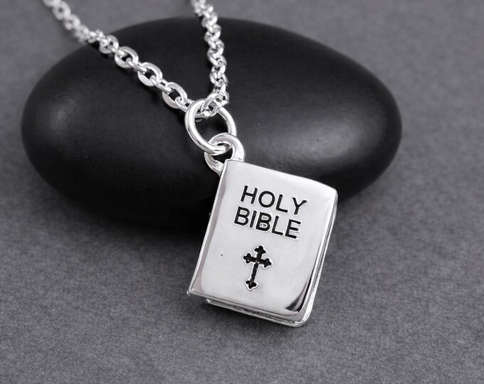 Silver Holy Bible Necklace, 3D Prayer Book Charm, Religious Pendant, Christian Faith Jewelry Gift