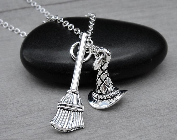 Witch Hat and Broom Charm Necklace, Wicked Witch Pendant, Halloween Charm Jewelry