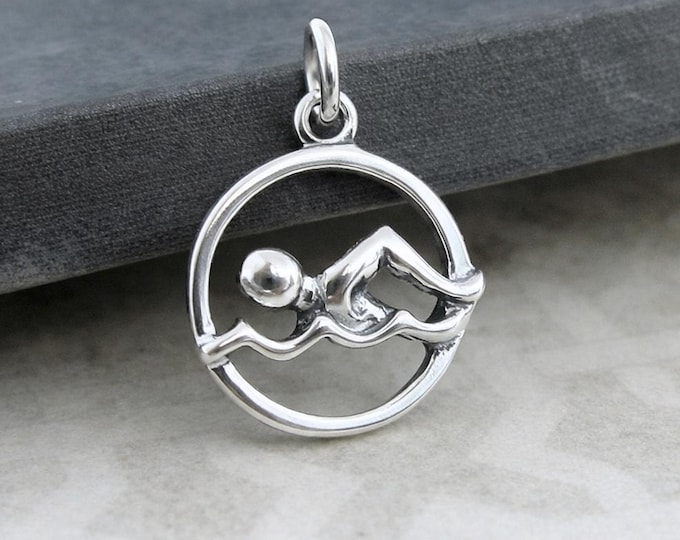 Swimmer Charm, 925 Sterling Silver Swimming Pendant for Necklace or Bracelet, Swim Team Gift, Gift for Swimmer