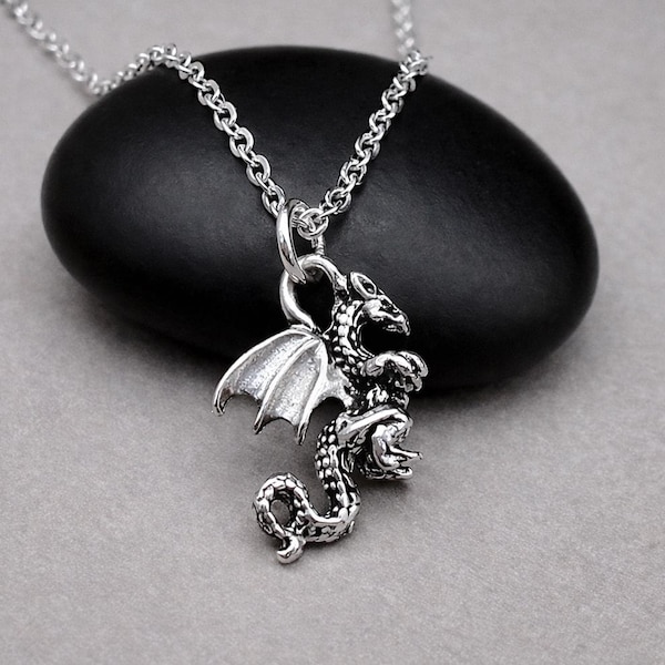 Silver Dragon Necklace, 3D Flying Serpent Charm, Mythical Creature Pendant, Fantasy Jewelry