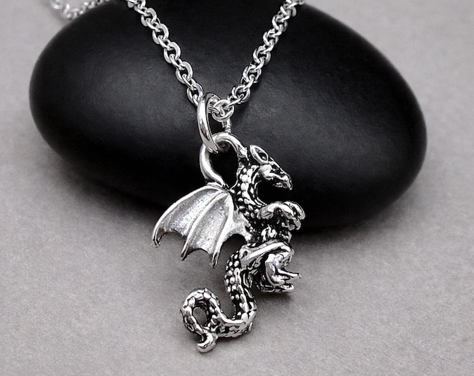 Silver Dragon Necklace, 3D Flying Serpent Charm, Mythical Creature Pendant, Fantasy Jewelry
