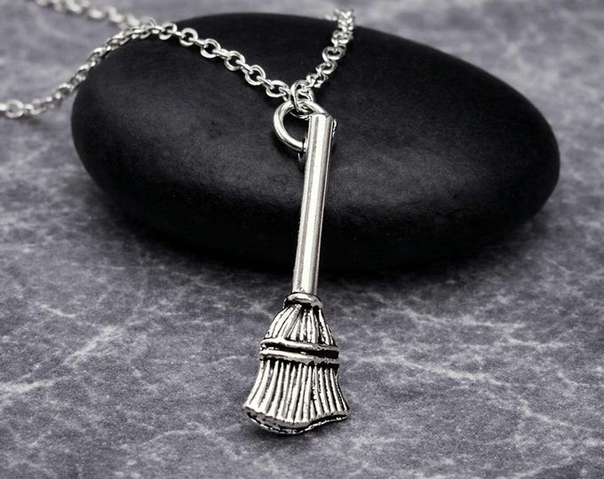 Silver 3D Broom Necklace, Witch's Broom Pendant, Broomstick Charm, Halloween Jewelry