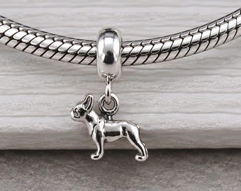 Sterling Silver Boston Terrier Dangle Bead Charm, Tiny Boston Terrier European Charm, French Bulldog Charm, Bracelet Charm, Large Hole Bead