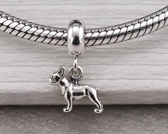 Sterling Silver Boston Terrier Dangle Bead Charm, Tiny Boston Terrier European Charm, French Bulldog Charm, Bracelet Charm, Large Hole Bead