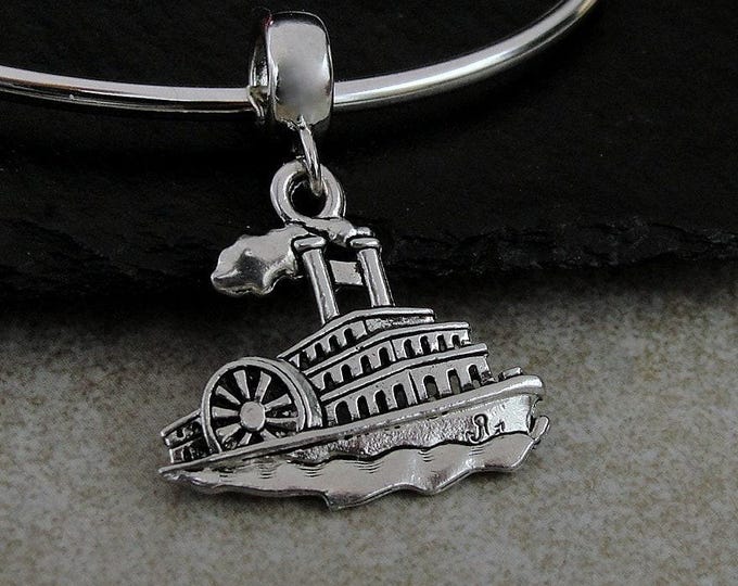 Steamboat European Charm, Silver Steamboat Dangle Charm, Steamship Charm with Bail, Nautical Charm, Boat Charm, Ship Charm