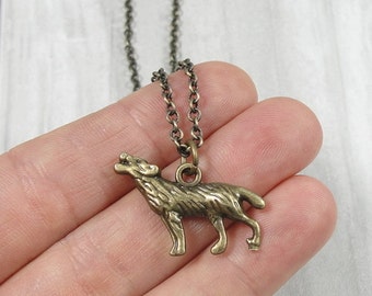 Howling Wolf Necklace, Antique Bronze Wolf or Coyote Charm on a Bronze Cable Chain