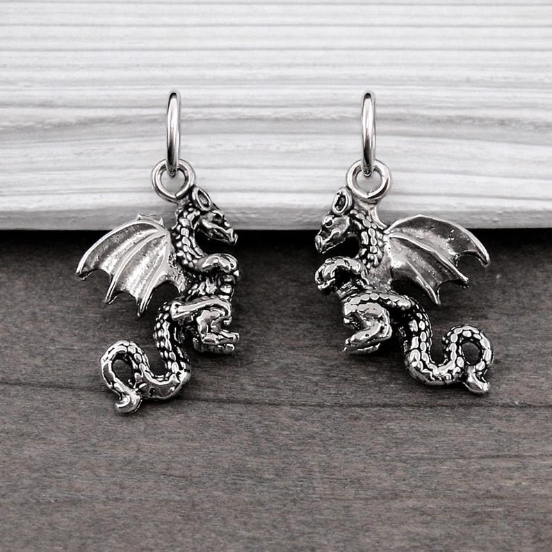 Dragon Charm, Silver 3D Dragon Pendant for Necklace or Bracelet, Mythical Charm, Fantasy Jewelry, Flying Serpent Pendant image 2