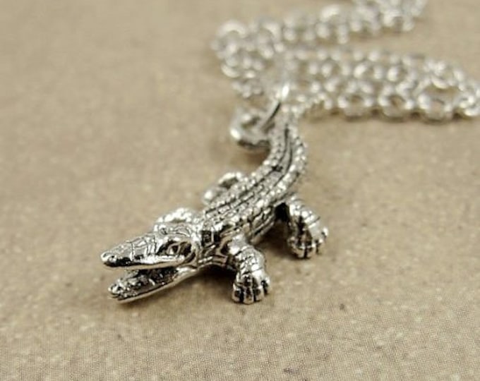 Tiny Alligator or Crocodile Necklace, Silver Alligator Charm on a Silver Cable Chain