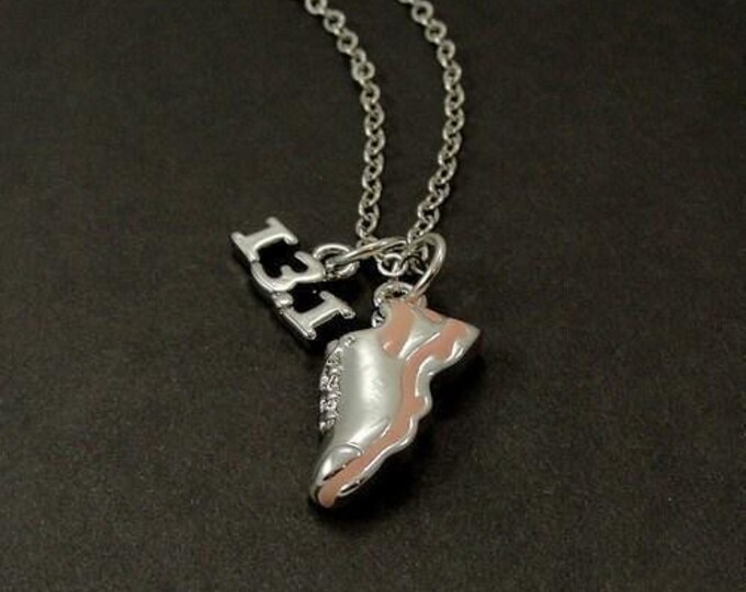 CLOSEOUT, Half Marathon Running Shoe Necklace, Silver and Light Pink 13.1 Half Marathon Shoe Charm on a Silver Cable Chain