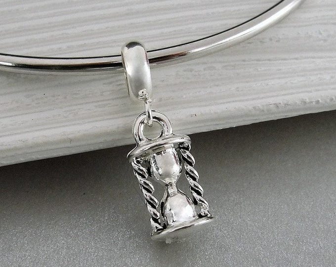Hourglass European Charm, Silver Sandglass Dangle Charm, Sand Timer Charm with Bail, Snake Bracelet Charm, Large Hole Bead