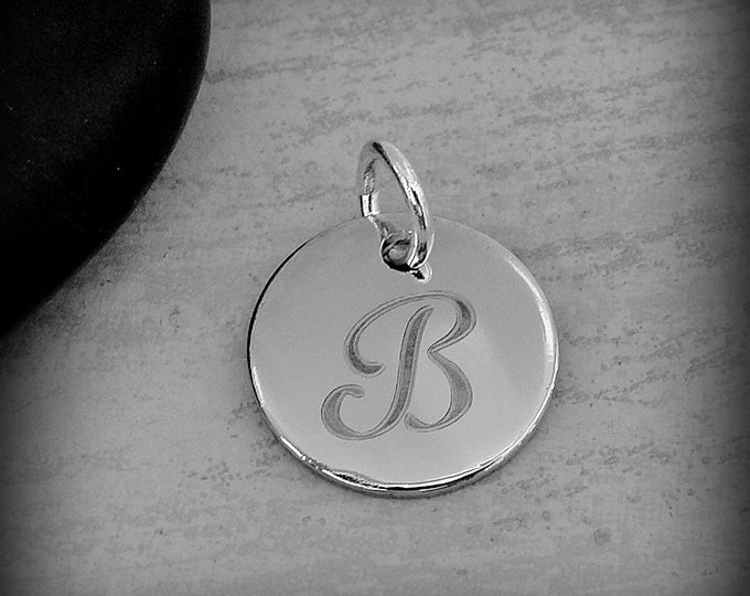 Stainless Steel Letter B Charm, Silver Engraved Letter B Round Disc Initial Charm, Cursive B Charm, Engraved Alphabet Script Font Pendant