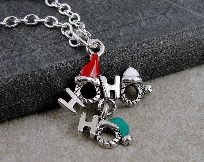 Ho Ho Ho Necklace, Christmas Necklace, HoHoHo Charm, Santa Claus Charm Necklace, Christmas Pendant, Red and Green Christmas Charm Jewelry