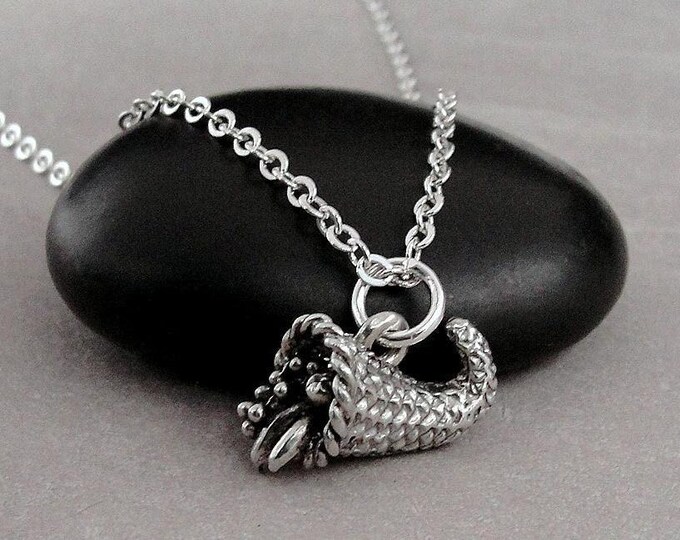 Cornucopia Necklace, Silver Cornucopia Charm Necklace, 3D Horn of Plenty Necklace, Thanksgiving Charm Necklace, Autumn Harvest Charm