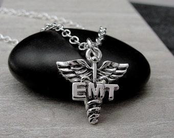 EMT Necklace, Silver EMT Caduceus Necklace, EMT Charm, Paramedic Charm, Paramedic Necklace, Medical Technician Gift, Paramedic Gift