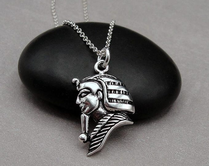Egyptian Pharaoh Necklace, 925 Sterling Silver King Tut Charm on a Silver Cable Chain, 925 Pharaoh Charm, Egyptian Charm Necklace