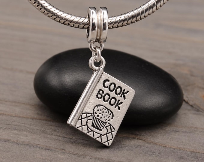 Silver Cookbook Dangle Charm, Recipe Book Pendant, Cooking Bead for European Bracelet, Chef Baker Charm, Kitchen Foodie Gift