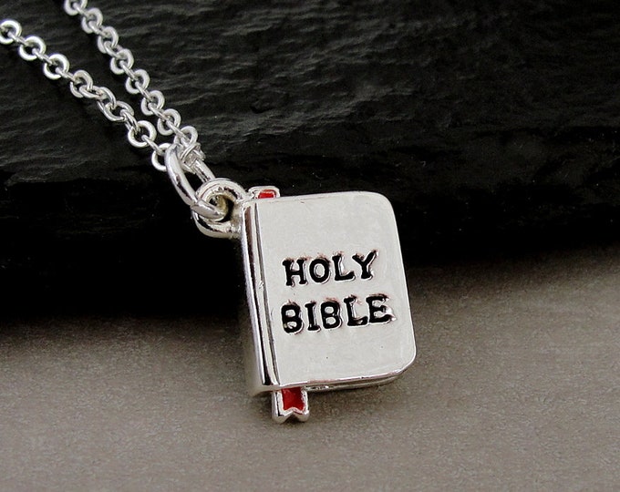 Silver Holy Bible Necklace, 3D Bible Charm, Religious Necklace, Bible Pendant, Religious Jewelry, Religious Charm, Bible Study Jewelry Gift