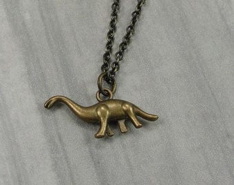 Brontosaurus Dinosaur Necklace, Antique Bronze Brontosaurus Charm on a Bronze Cable Chain