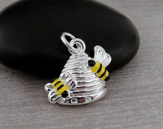 Silver Beehive Charm, Honey Bee Charm, Beekeeper Charm, Honey Bee Jewelry, Bee Lover Necklace Charm, Bracelet Charm, Bumble Bee Gift