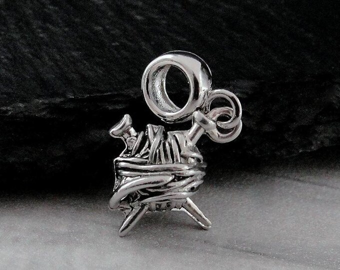 Knitting Yarn European Charm, Silver Yarn Ball Dangle Charm, Knitting Charm with Bail, Knitting Needles Charm, Yarn Charm, Knitting Gift