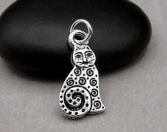 Silver Spotted Cat Charm, Abstract Cat Charm, Art Deco Cat Charm, Swirly Cat Charm, Artsy Cat Charm, Paisley Cat Charm, Unique Kitty Charm