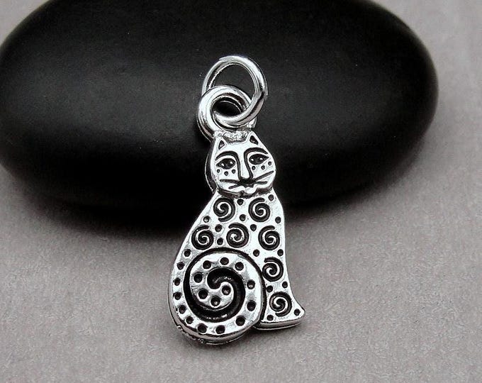 Silver Spotted Cat Charm, Abstract Cat Charm, Art Deco Cat Charm, Swirly Cat Charm, Artsy Cat Charm, Paisley Cat Charm, Unique Kitty Charm