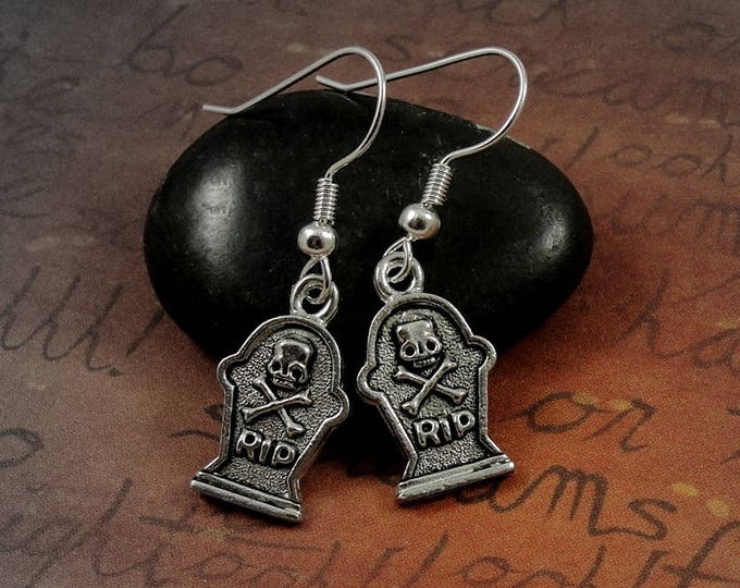 Tombstone Earrings, Silver Plated Gravestone Dangle Drop Earrings on French Earwires