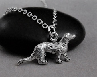 Ferret Necklace, Silver Plated Ferret Charm Necklace, Ferret Pendant, Weasel Charm, Ferret Gift Jewelry