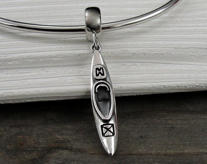 Sterling Silver Kayak Dangle Bead Charm, Kayak Pendant, Boat Charm, Bracelet Charm, Large Hole Bead, Big Hole Bead