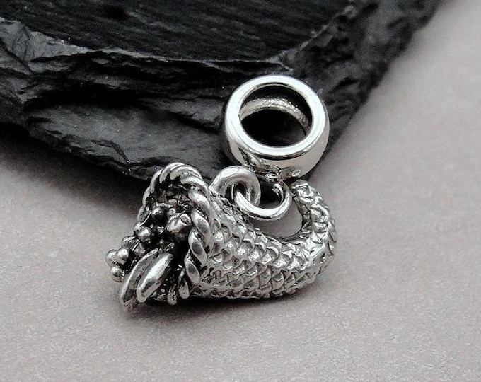 Cornucopia European Charm, Silver 3D Cornucopia Dangle Charm, Horn of Plenty Charm, Thanksgiving Charm, Cornucopia Large Hole Bead