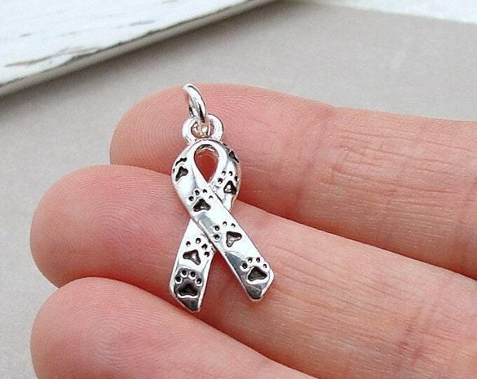Pet Awareness Ribbon Charm, Silver Paw Prints Awareness Charm, Dog Memorial Gift, Cat Memorial Gift, Animal Rescue Charm