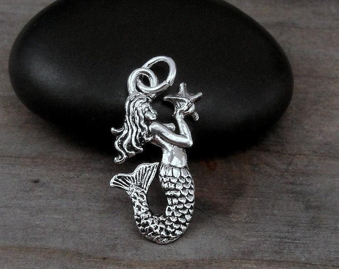 Silver Mermaid Charm, Mermaid Pendant, Girls Mermaid Jewelry, Beach Charm, Starfish Charm, Necklace Charm, Bracelet Charm, Mermaid Gift