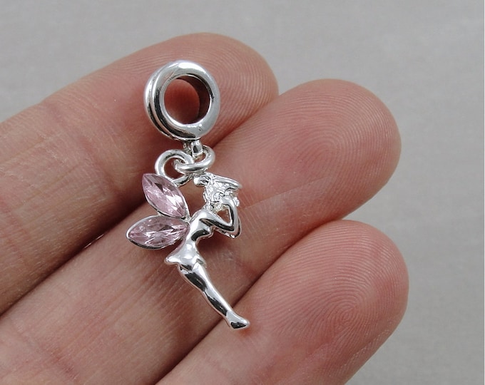 Pink Fairy European Charm, Silver Fairy Dangle Charm, Fairy Charm with Bail, Pixie Charm, Snake Bracelet Charm, Large Hole Bead, Fairy Gift