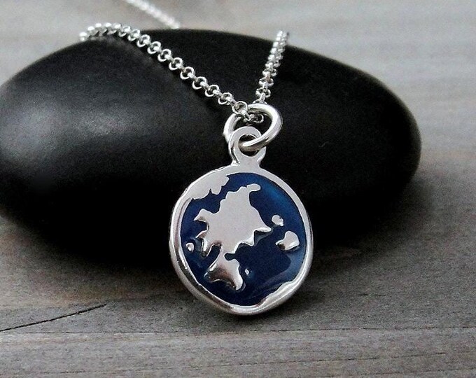 925 Sterling Silver and Blue Enamel Globe Necklace, Blue Earth Charm Necklace, World Map Charm Necklace, World Travel Charm Jewelry