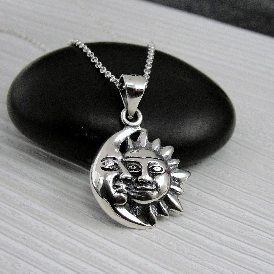 925 Sterling Silver Sun and Moon Necklace, Crescent Moon Charm