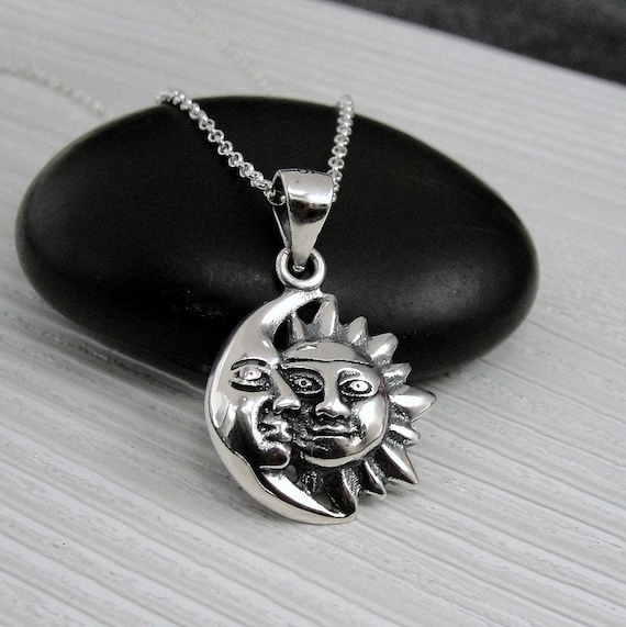 925 Sterling Silver Sun and Moon Necklace, Crescent Moon Charm