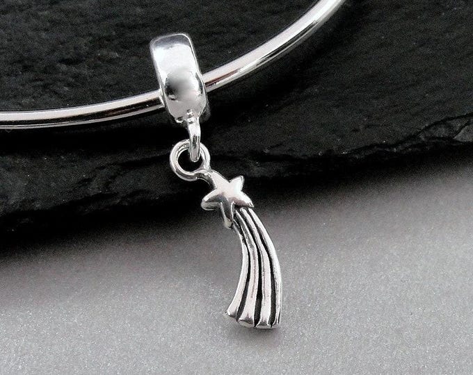 Shooting Star European Charm, Sterling Silver Meteor Shower Dangle Charm, Celestial Charm with Bail, Snake Bracelet Charm, Large Hole Bead