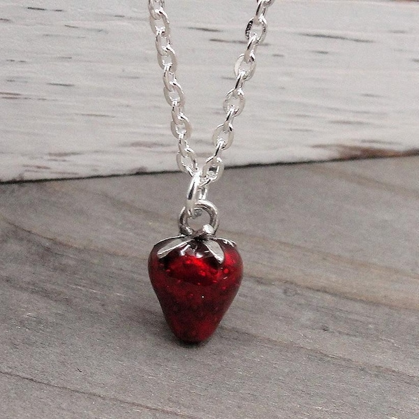 Red Strawberry Necklace, Silver and Red Strawberry Charm Necklace, 3D Strawberry Charm, Strawberry Pendant, Strawberry Gift